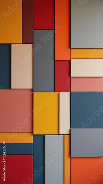 Fototapeta Vibrant acoustic wall panels with a geometric pattern in a modern office or studio setting.