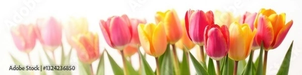 Fototapeta Tulip bouquet in warm hues on white background, nature, color palette
