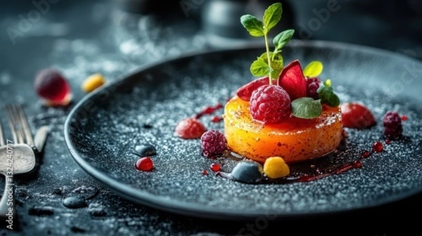 Fototapeta A vibrant dessert featuring a golden citrus base, garnished with fresh berries and mint, served on a dark plate with a sprinkle of powdered sugar.