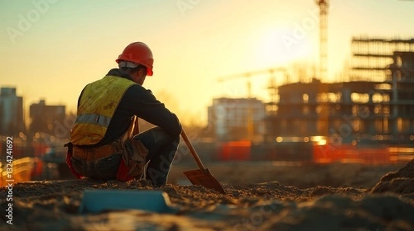 Fototapeta A construction worker reflects at sunset. This image captures the essence of hard work and dedication in the building industry. Progress is always on the horizon. Generative AI
