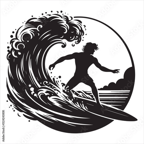 Obraz Silhouette of Person Surfing a Wave Vector icon