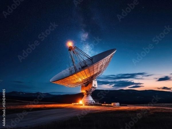 Obraz Synchronized satellite dish captures the beauty of the night sky in a remote mountain area