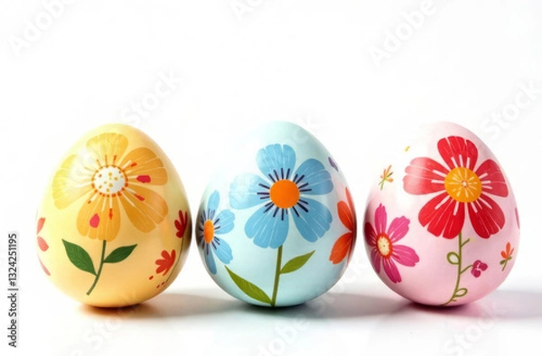 Fototapeta Colorful eggs with floral pattern isolated on white background.