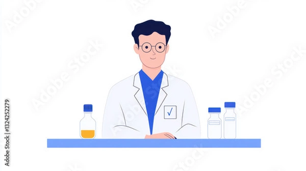 Fototapeta Laboratory, A scientist working in a space research lab illustration.