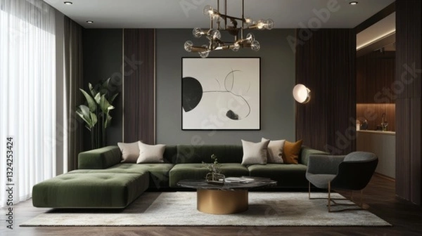 Fototapeta A spacious modern living room with a deep green sofa, abstract wall art, and a stylish chandelier. A large area rug ties the space together, adding warmth and texture.