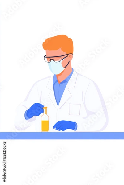Fototapeta Laboratory, A scientist in a mask handling toxic materials in a lab setting.