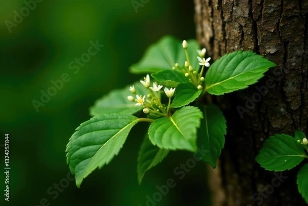 Obraz Branch of Acmella oleracea with small white flowers and green leaves on a natural tree trunk, foliage, green