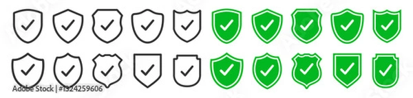 Fototapeta Set of security shield icons, security shields logotypes with check mark and padlock isolated on transparent. Shield security icon. Safety protection sign