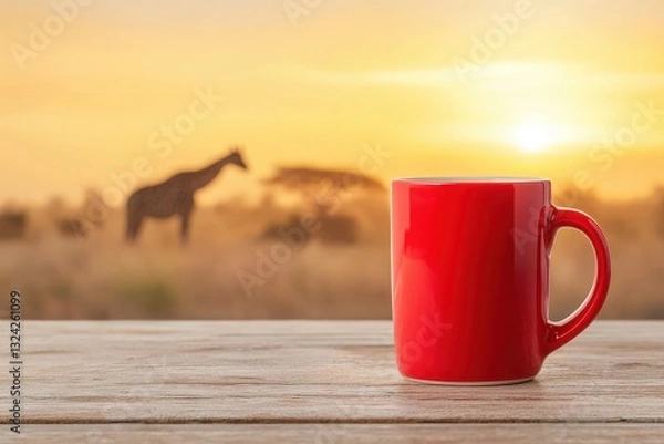 Fototapeta A vibrant red mug sits on a wooden table against a serene sunset backdrop, with a giraffe silhouetted in the distance.