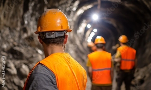 Fototapeta Miners in safety vests and helmets inspect a dark tunnel.