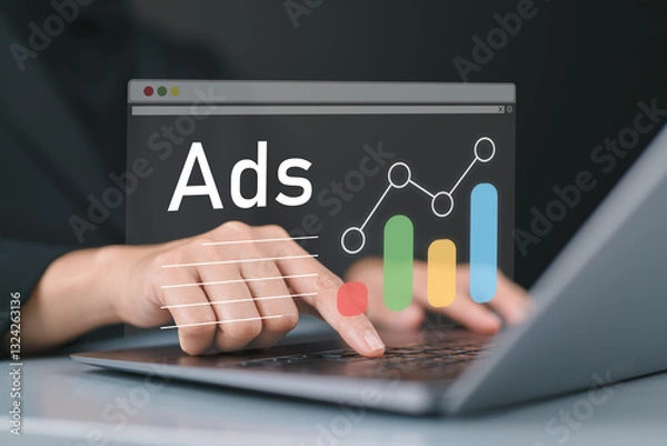Fototapeta Ad on website and social media, banner ads on internet, Digital marketing concept. woman analyzing online advertising campaigns and performance metrics on a laptop with a graphical data interface.