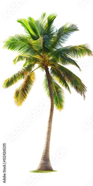 Fototapeta A single palm tree with lush green fronds, a brown trunk, and a small patch of green grass at its base.