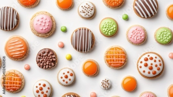 Fototapeta A colorful assortment of decorative cookies arranged on a flat surface, showcasing various designs and vibrant icing.