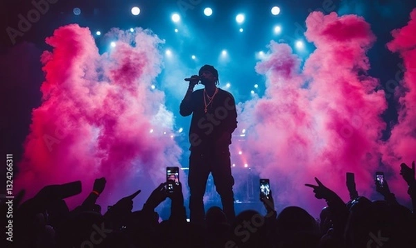 Obraz singer performing on stage with pink and blue smoke.