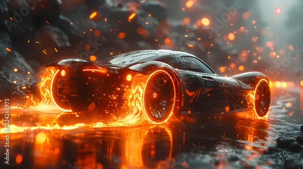 Obraz Futuristic sports car emitting fiery trails on a wet road amidst a dramatic, glowing landscape