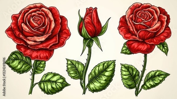 Fototapeta Red Rose Illustrations, Botanical Design