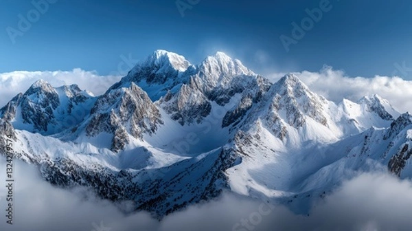 Fototapeta Majestic Snowy Mountain Peaks Rise Against a Clear Blue Sky With Clouds Drifting Peacefully at Dawn Generative AI