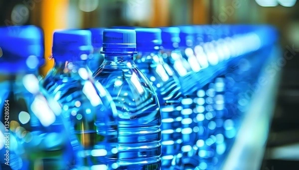 Fototapeta Rows of plastic water bottles on production line with vibrant blue illumination and bokeh effect creating industrial atmosphere for beverage manufacturing.
