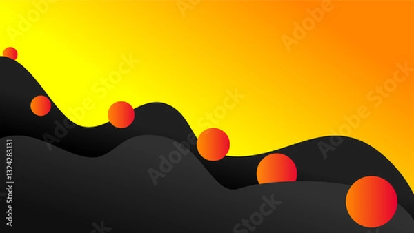Obraz Dark grey wave pattterns with spheres over yellow orange presentation background