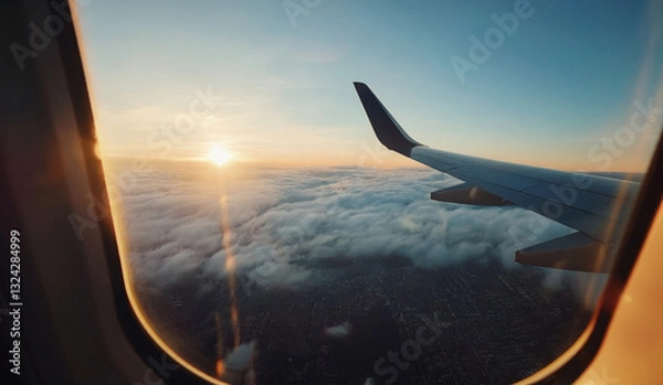Fototapeta An early morning flight with the golden sunlight reflecting off the airplane wing, soaring above the clouds with a breathtaking city view below. The peaceful sky.