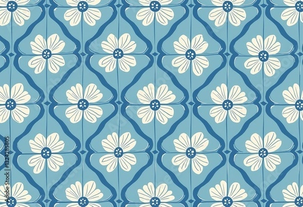 Fototapeta Blue Bloom on Sky: Imagine this Geometric Flower Pattern on Premium Fabrics & Stunning Wallpapers, A Simple Yet Striking Japanese-Inspired Design on a Light Blue Canvas.

