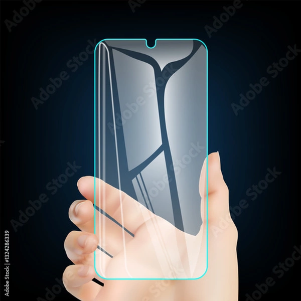 Obraz Hand holding a smartphone. Realistic protective film for the smartphone screen from damage. Installing a film or protective glass. Attaching to an electronic mobile device. Vector