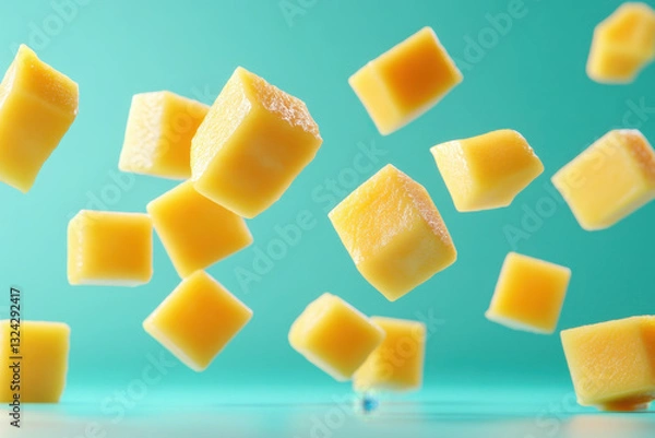 Obraz Stack of cubes tumbling down against a blue backdrop.
