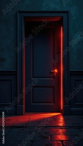 Fototapeta dimly lit door with light spilling from beneath, allure, mystery