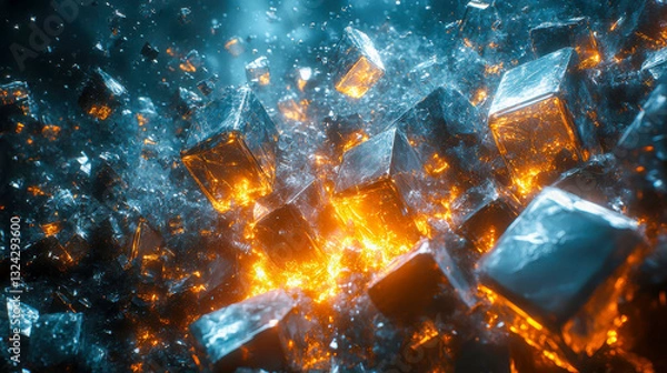 Fototapeta Shattered metallic cubes glowing with fiery energy, representing destruction, transformation, and digital chaos
