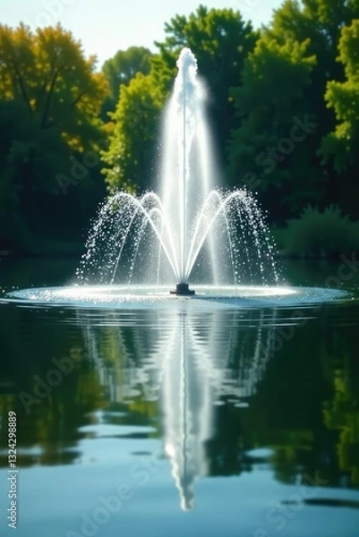 Fototapeta Reflection of the fountain in a calm lake surface, smooth, fountain