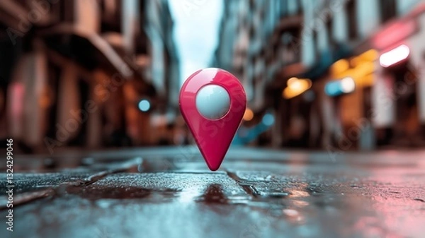 Obraz Pink location pin with white center standing on wet cobblestone street in urban alley at dusk