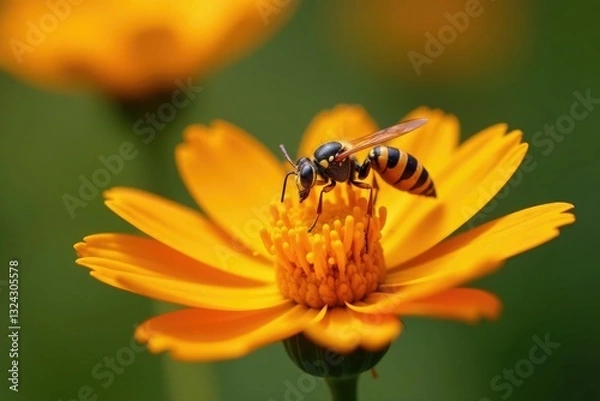 Obraz Yellow wasp crawling on a delicate orange flower, bug, entomology, insects