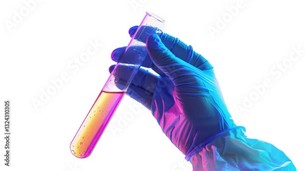 Fototapeta Hand in glove holding test tube with yellow liquid in neon light on transparent background