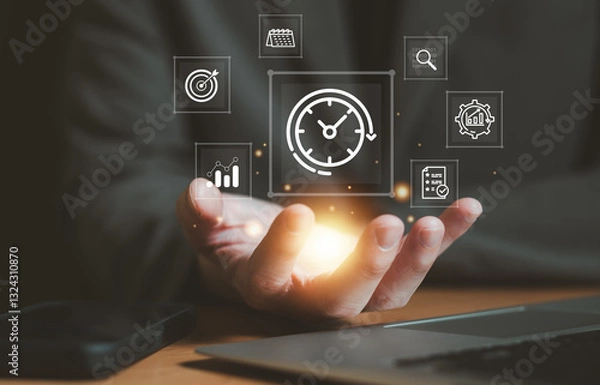 Fototapeta Business person with time management activity to improve productivity, process optimization and lean organization. Business and production improvement by time and resource planning for more profit.