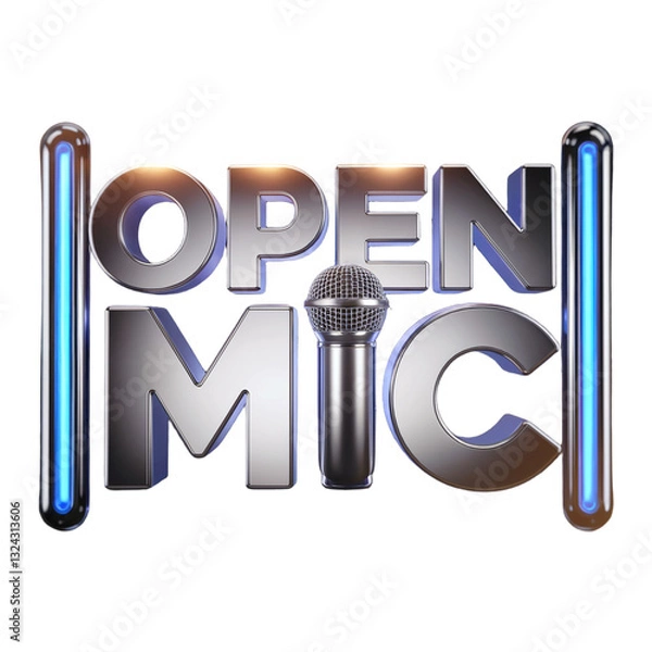 Fototapeta Shiny 3D inscription "Open Mic" with microphone - ideal for concerts and parties.