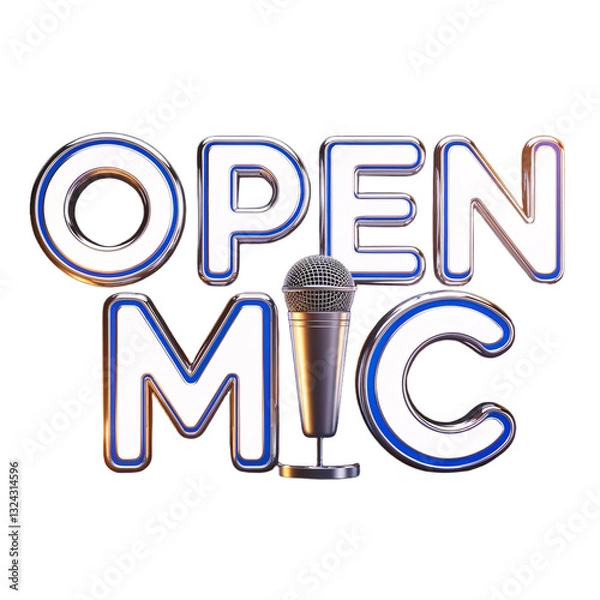 Fototapeta Glossy 3D logo "Open Mic" with microphone - design of posters and advertising. PNG.