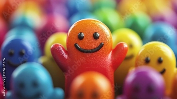 Fototapeta Colorful smiling figures in vibrant crowd, representing joy and positivity. cheerful expressions and bright colors create uplifting atmosphere