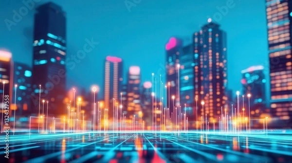 Obraz A high-tech financial district with interconnected digital banking systems