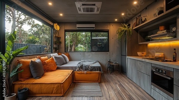 Fototapeta Tiny container house construction step-by-step transformation of a shipping container into a stylish living space.