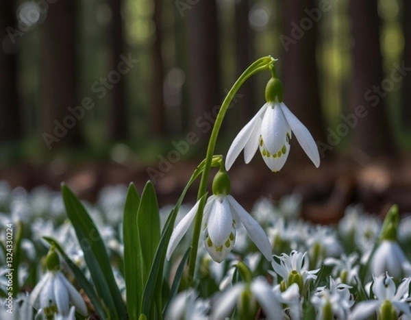 Obraz snowdrops against the forest background
