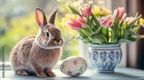 Fototapeta A delightful Easter setting showcases a cuddly stuffed rabbit accompanied by vibrantly painted eggs, encircled by an array of fresh spring blooms arranged in an ornate vase, symbolizing Easter