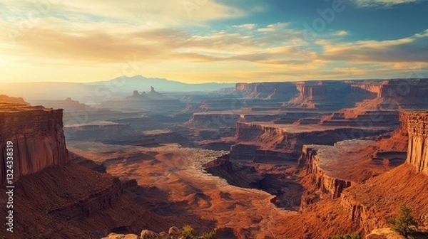 Fototapeta Of a Breathtaking canyon with layered red rock formations glowing under a warm afternoon light