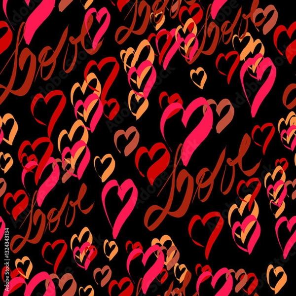 Fototapeta Digital print with heart motifs in shades of red and the word "love" on a black background