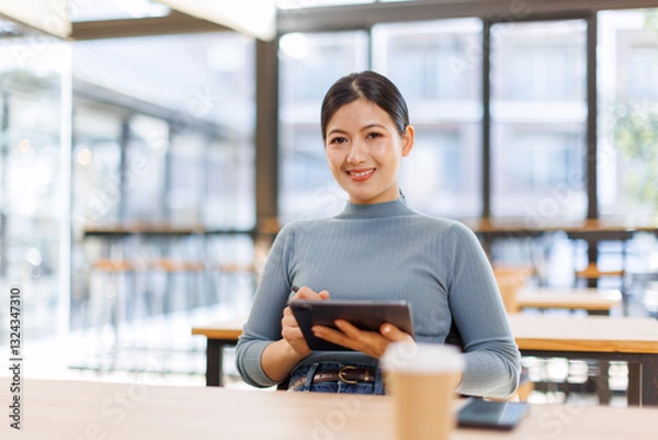 Fototapeta Asian young business woman in the suit executive, happy confidently holding tablet in hand and standing in the office at work.	