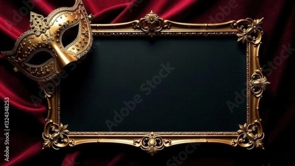 Fototapeta Ornate gold frame with Venetian mask on red velvet fabric. 