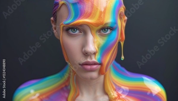 Fototapeta A striking portrait features a central figure with rainbow-colored paint cascading down their face and body, creating a surreal atmosphere