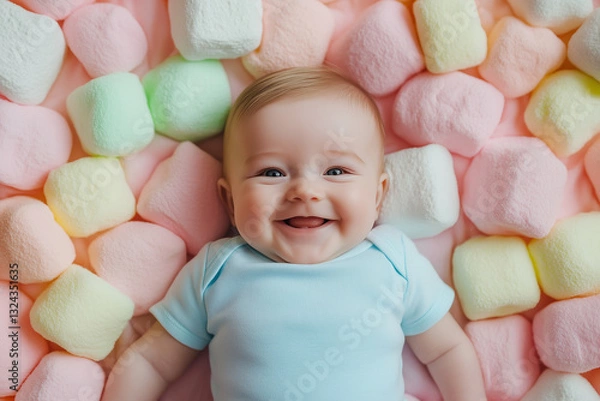 Fototapeta An adorable smiling baby lies on soft, colorful marshmallows, radiating joy and warmth. A heartwarming scene filled with sweetness, innocence, and happiness