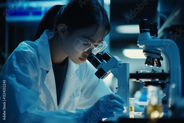 Fototapeta A scientist wearing a white lab coat, safety glasses, and gloves is examining a sample through a microscope in a high-tech laboratory. the atmosphere of precision, research, and discovery.