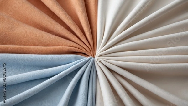 Fototapeta A collection of elegantly arranged fabric swatches in various textures and colors, showcasing intricate patterns and soft hues