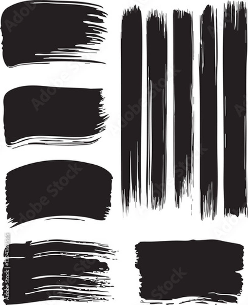 Obraz Paint grunge backgrounds, brushstrokes. Black brush strokes, grunge design elements set isolated on a white background. Black oil paint texture, ink swatch, grungy line art